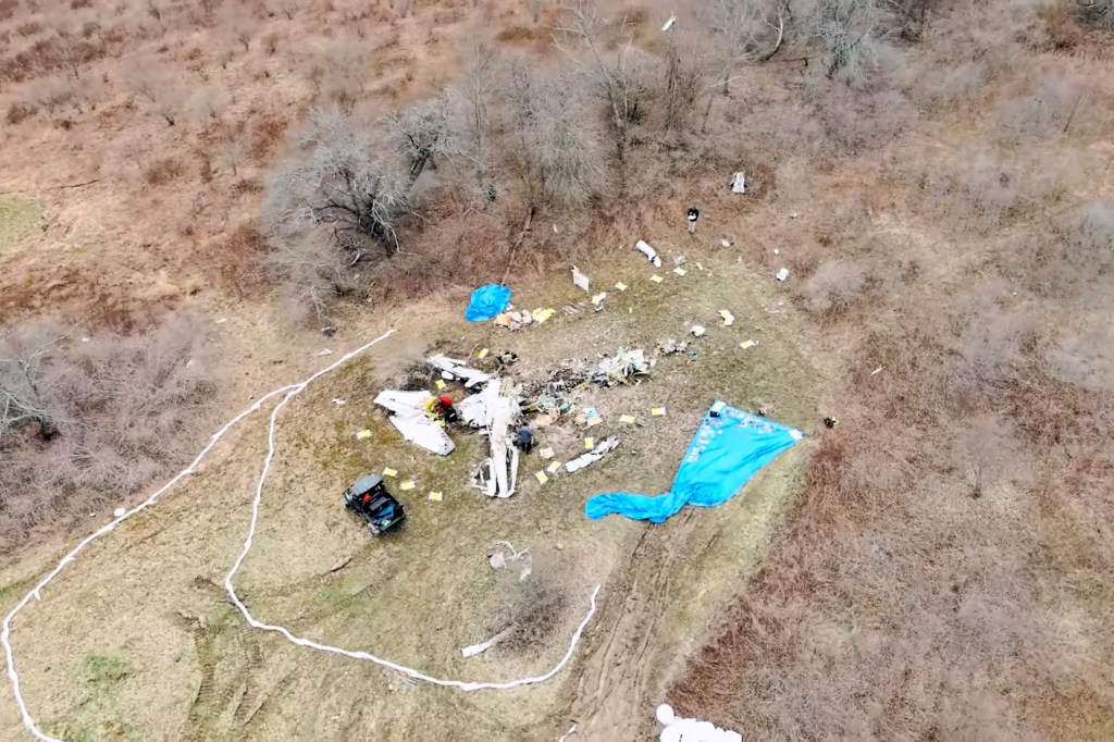 An aeriel picture captured the site of the Mitsubishi MU2B airplane crash on April 12, 2025.