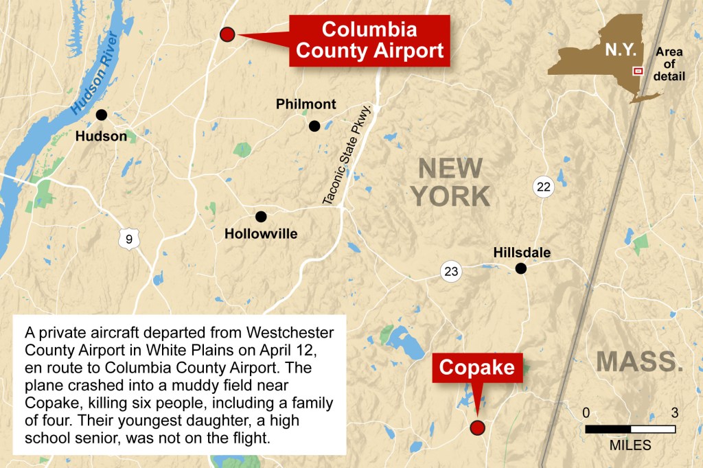 The crash site in relation to Columbia County Airport and the New York-Massachusetts border.