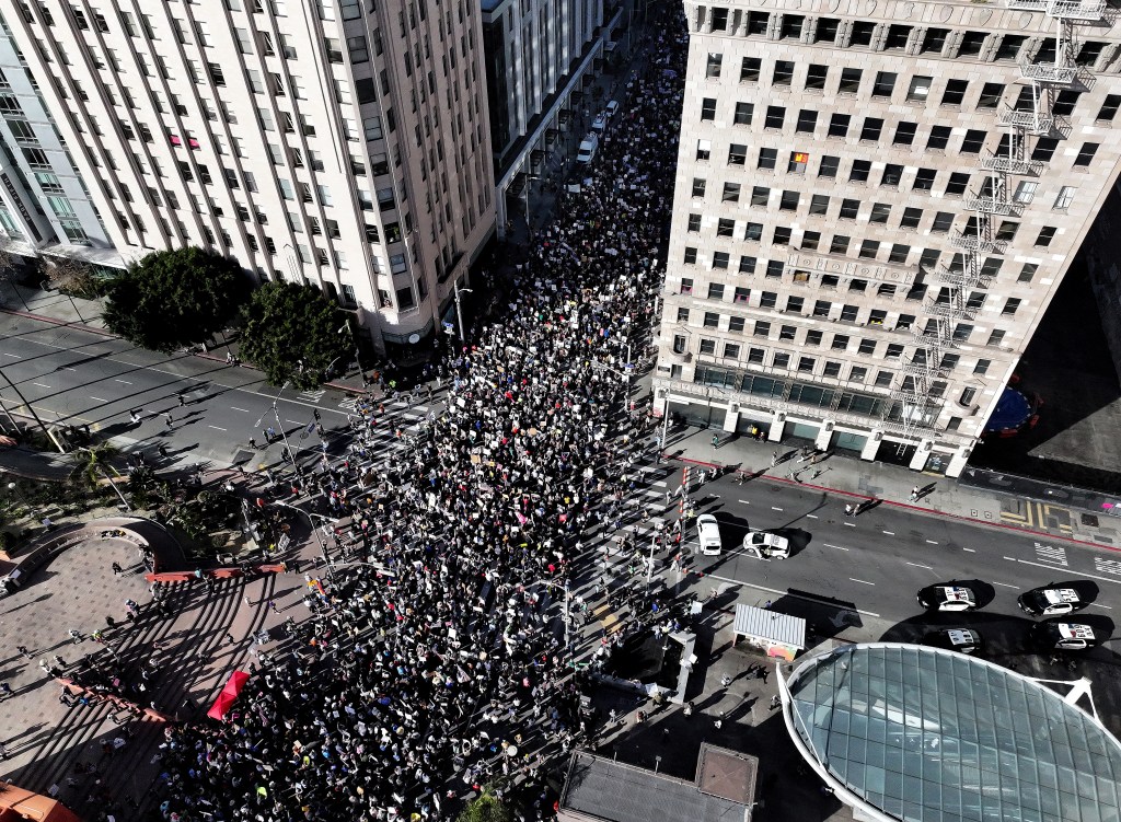 Thousands of protesters take over a street inn Los Angeles protesting the Trump administration on April 5, 2025.