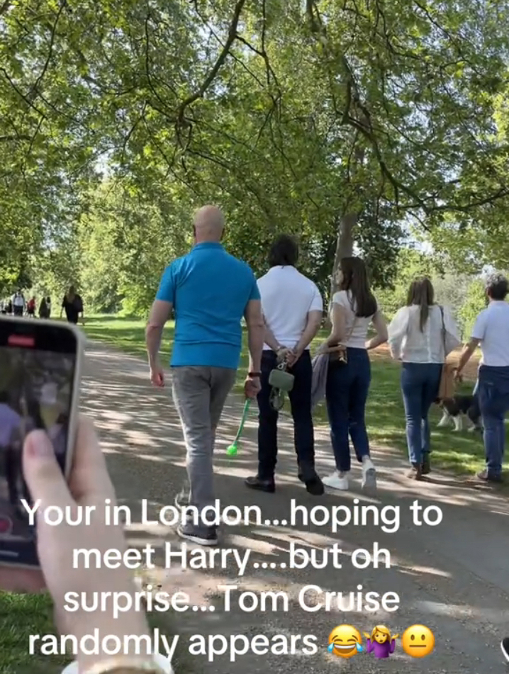 Tom Cruise with his back turned and hands behind his back in a park walking his dogs with Ana De Armas who is looking away from the camera. 