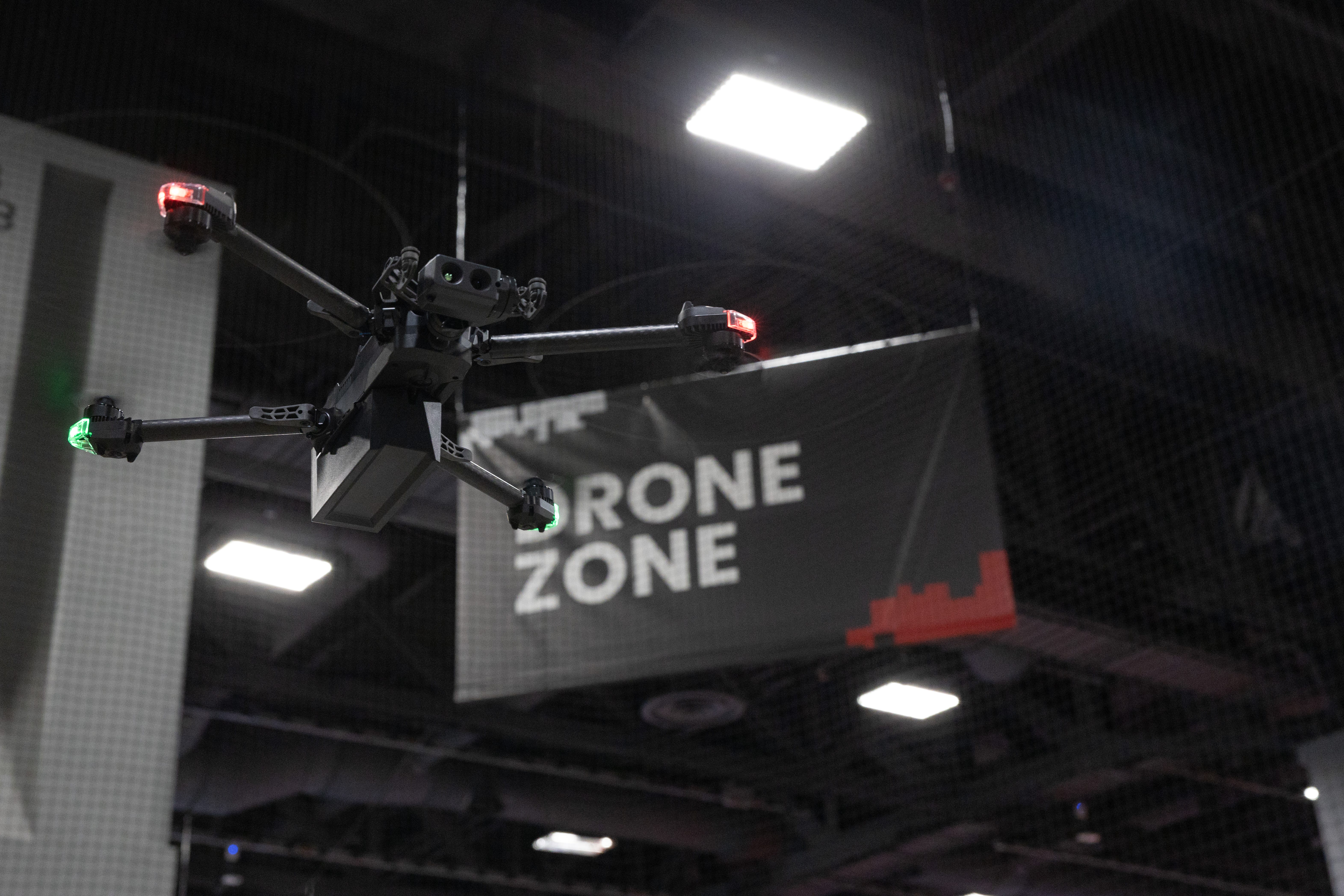 A Marine Corps Skydio X2D flies during a demonstration by the Corps' Attack Drone Team in Washington, D.C., April 30, 2025.