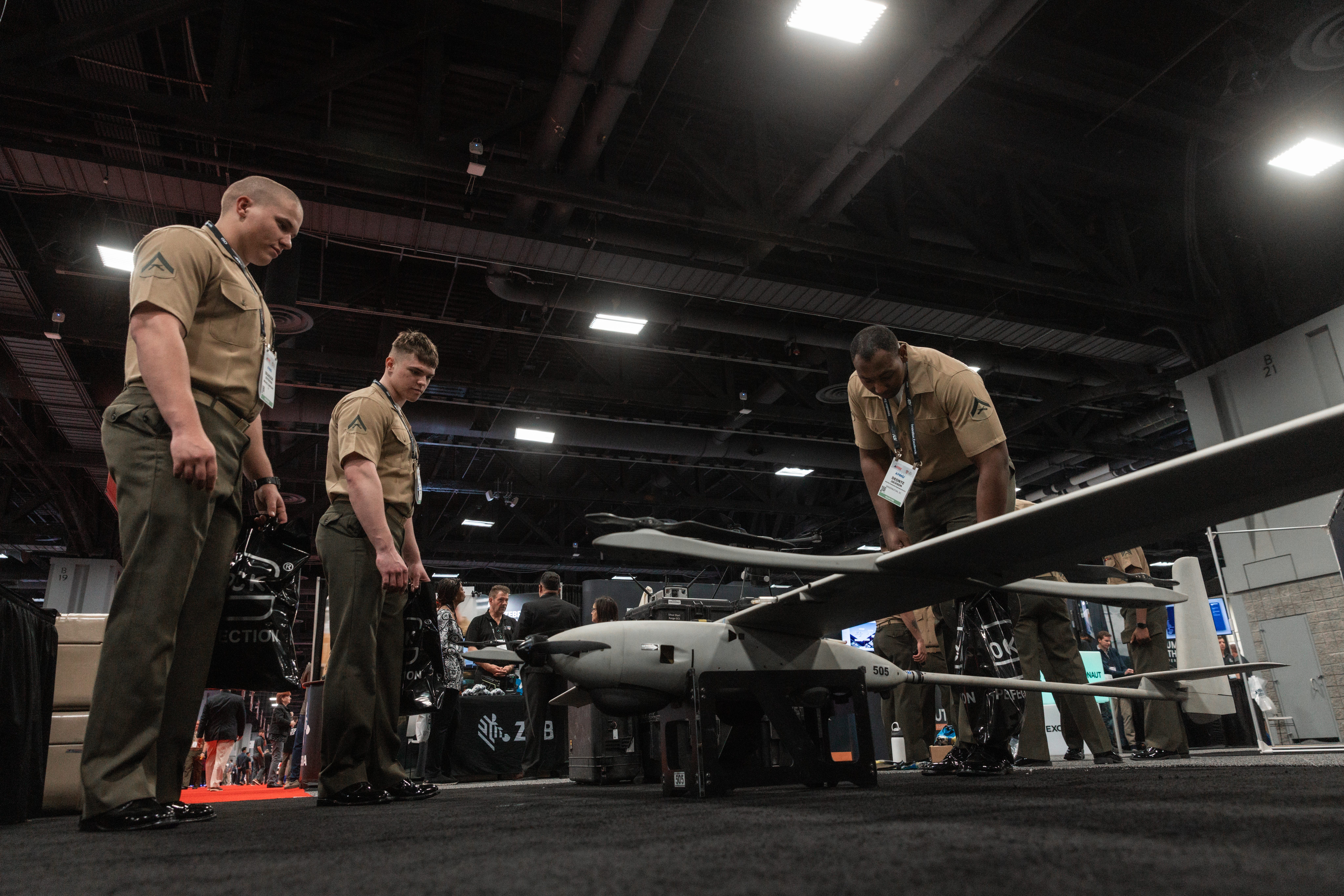 Marines check out a drone system during the Modern Day Marine expo, Washington, D.C., May 1, 2025.