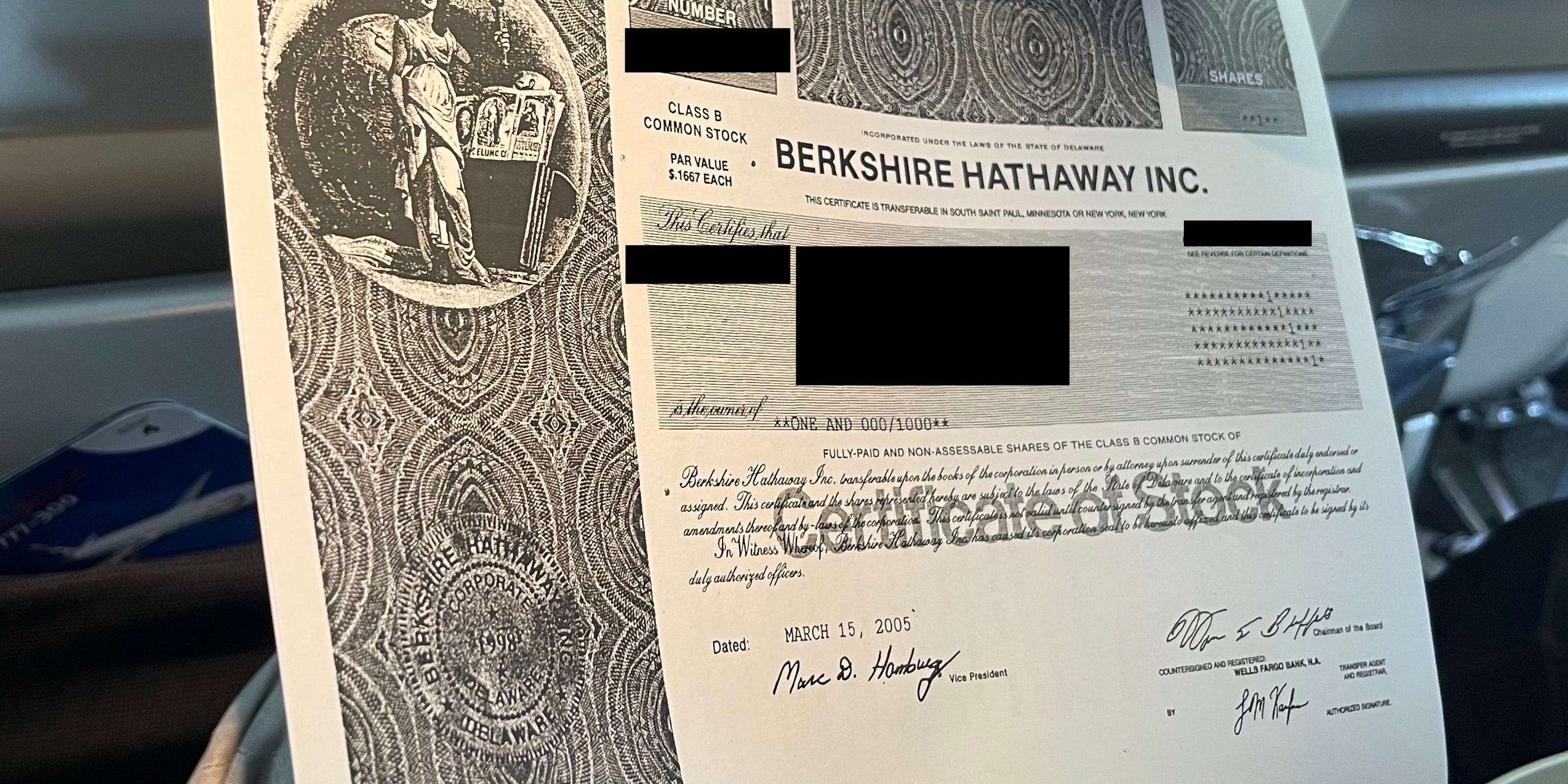 A Berkshire Hathaway Class B share certificate