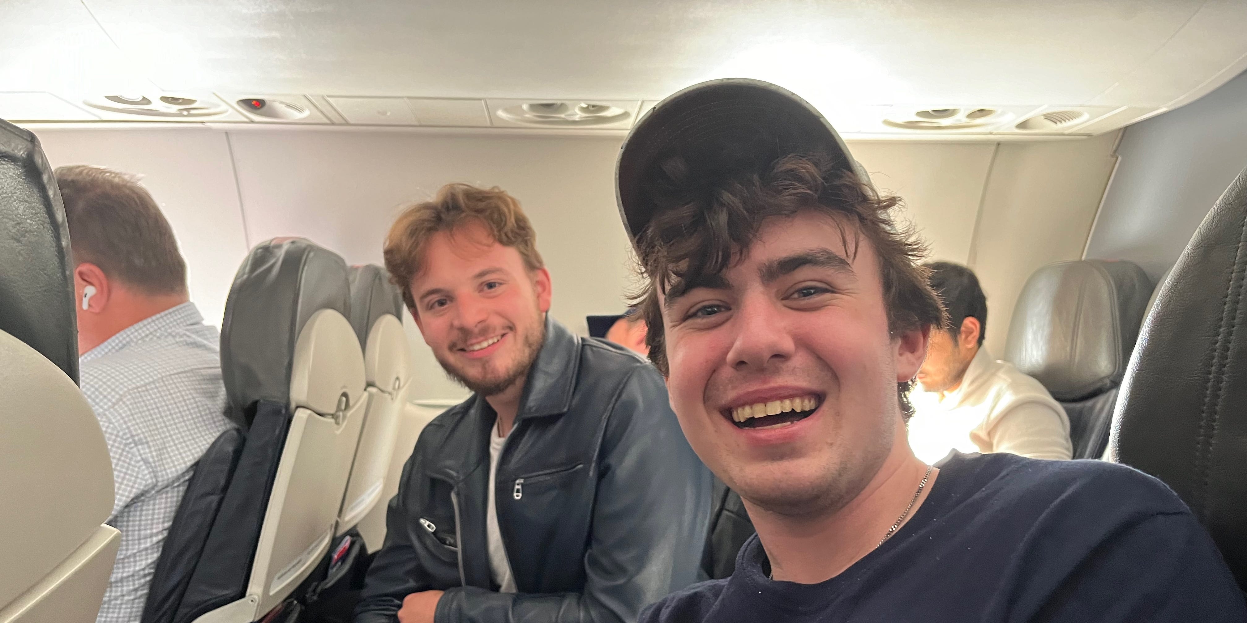 John Di Bella and Aidan Sims on the flight back to New York City.