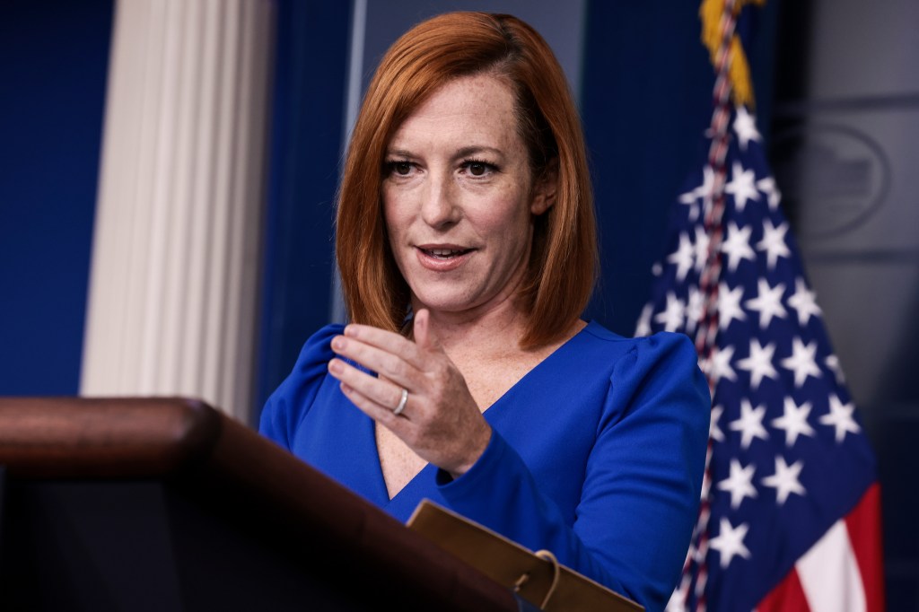 White House Press Secretary Jen Psaki gestures as she speaks at a press briefing in the James Brady Press Briefing Room of the White House on October 01, 2021 in Washington, DC.