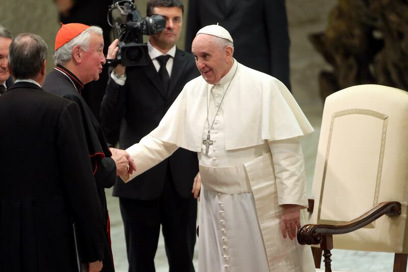 Pope Francis, who died on April 21 at age 88, was a critic of President Donald Trump's anti-immigration rhetoric. He is pictured here greeting Nichols.