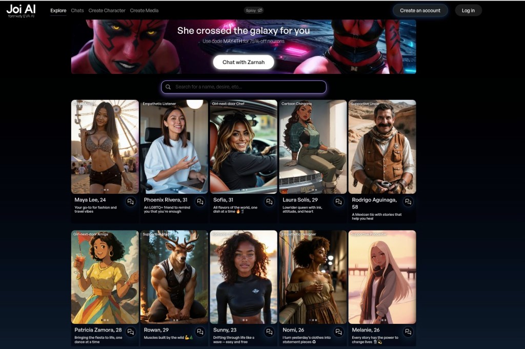 Joi AI's homepage promoting artificial intelligence companionship. Mostly female avatars seen with info similar to dating sites.