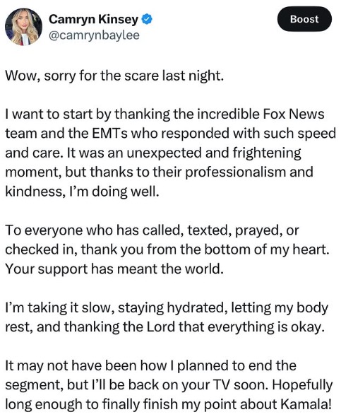 An image of an Instagram post Kinsey made after her appearance, reassuring people she is alright.