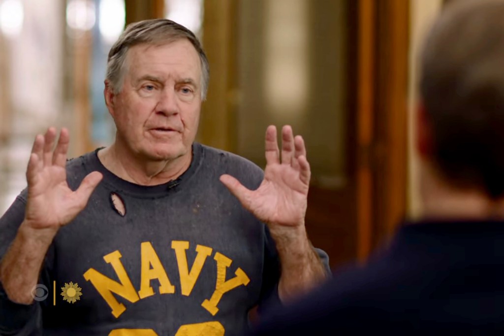 Bill Belichick looking uncomfortable during CBS Sunday Morning interview with correspondent Tony Dokoupil