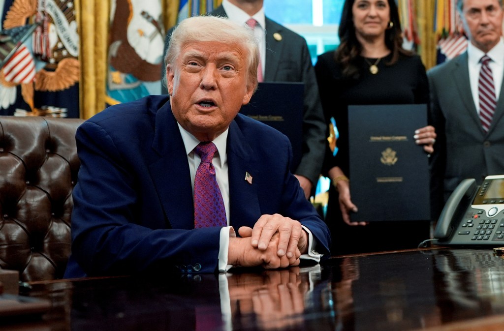President Donald Trump sits inside the Oval Office of the White House, in Washington, D.C., U.S., May 9, 2025.