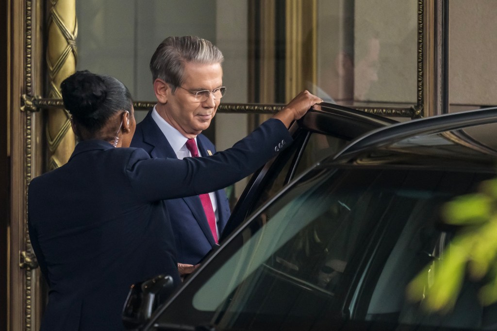 US Secretary of Treasury Scott Bessent leaves his hotel to a meeting with China's officials on tariffs in Geneva, on May 10, 2025.