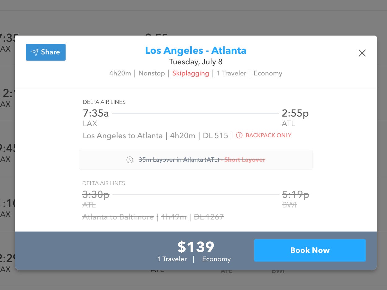 A screenshot of Skiplagged's website showing the hidden-city fare from Los Angeles to Atlanta.