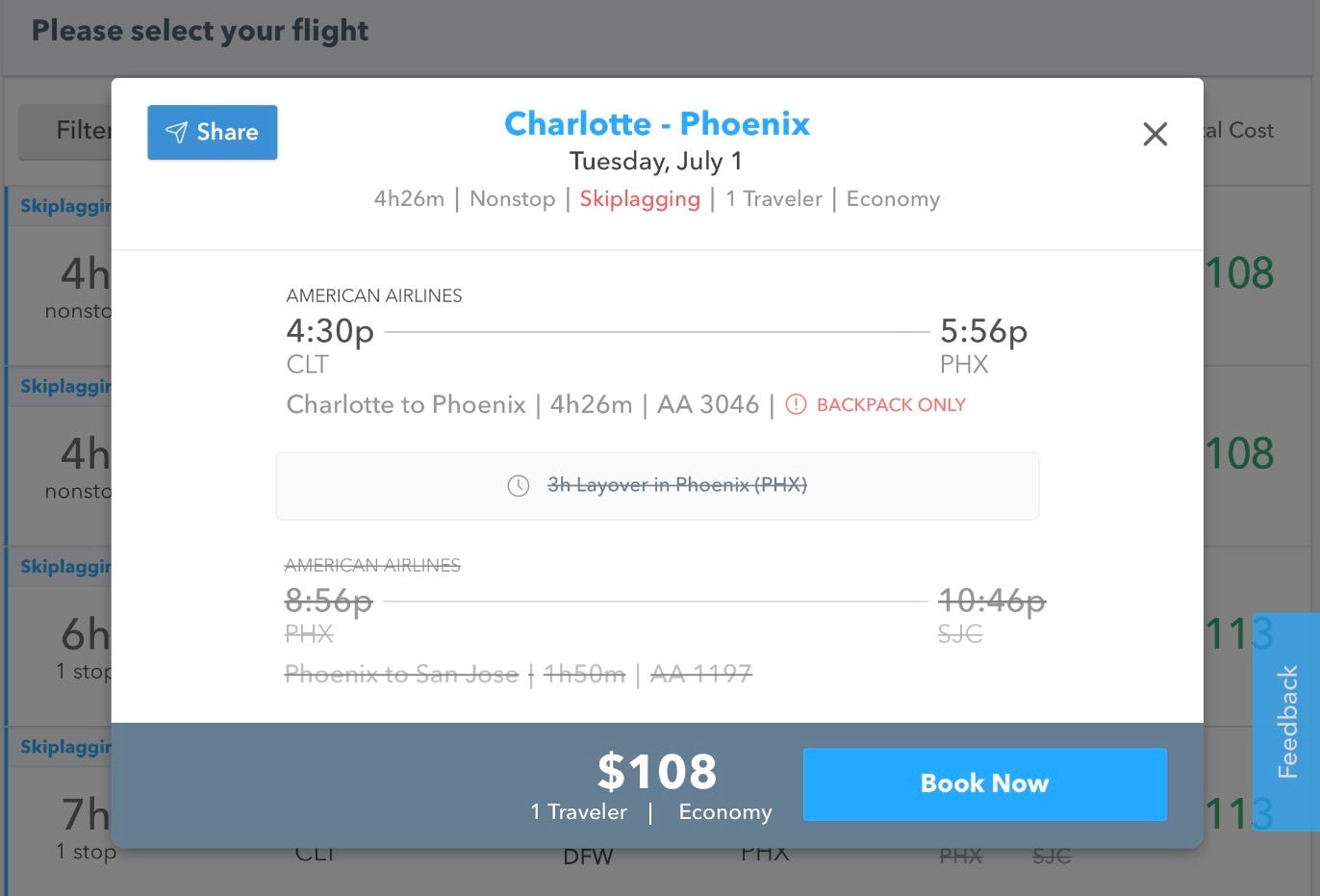 Screenshot of a hidden-city ticket on American Air from Skiplagged between Charlotte and San Jose with a layover in Phoenix.