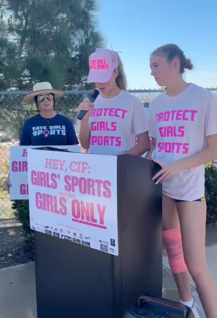 High school athletes speak out against transgender athlete's in female sports at the protest.