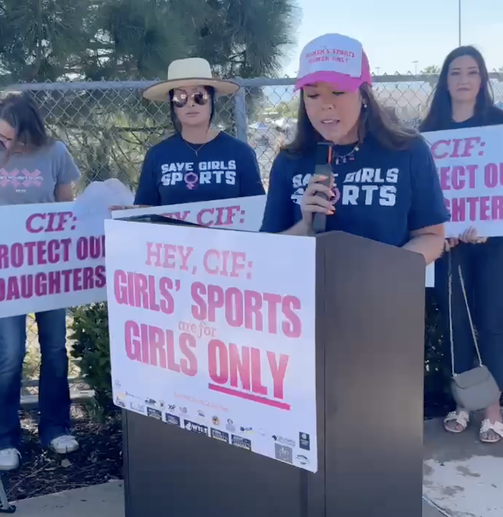 California Family Council outreach director Sophia Lorey addresses the crowd at the rally outside the track meet on May 10, 2025.