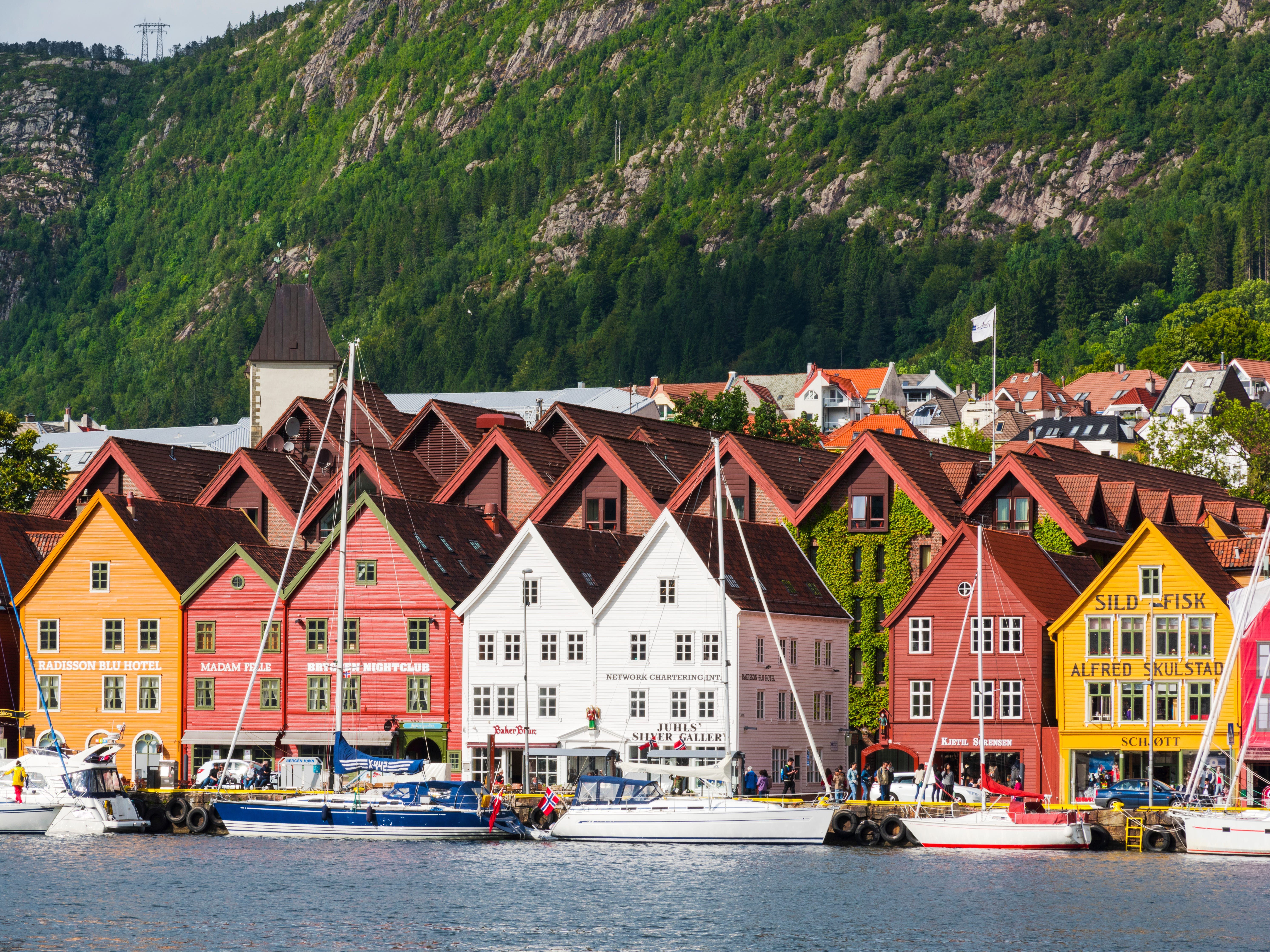 Colorful wooden buildings near the water in front of greenery-covered mountains.
