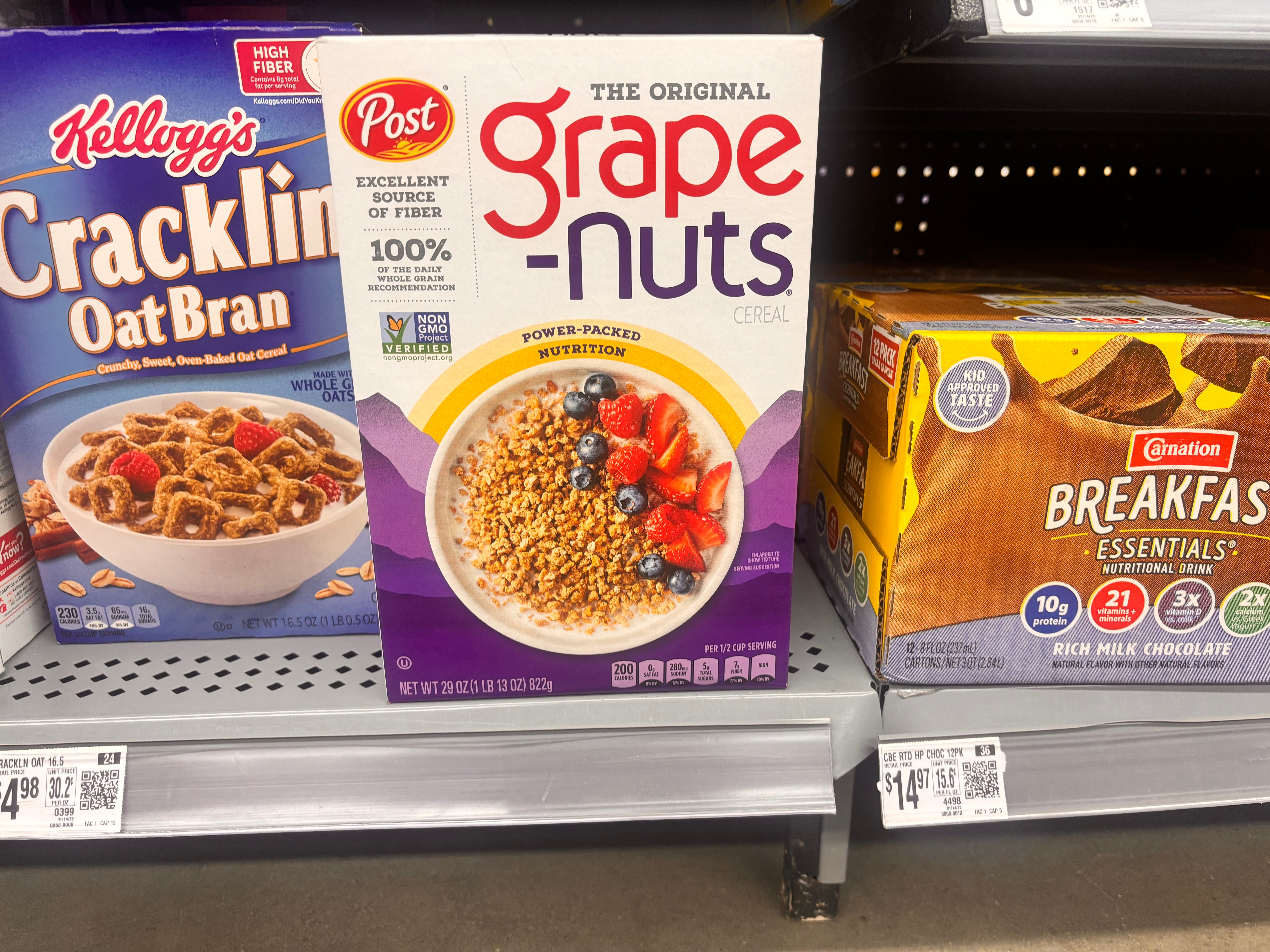 Post grape nuts on shelf in Walmart