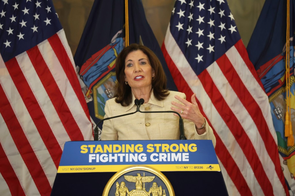 NYS Governor Kathy Hochul announcing changes to State discovery laws with Queens DA Melinda Katz, Bronx DA Darcel Clark, Brooklyn DA Eric Gonzalez, Manhattan DA Alvin Bragg, and Staten Island DA Michael McMahon, at 60 Centre Street, Manhattan, NY on May 7, 2025.