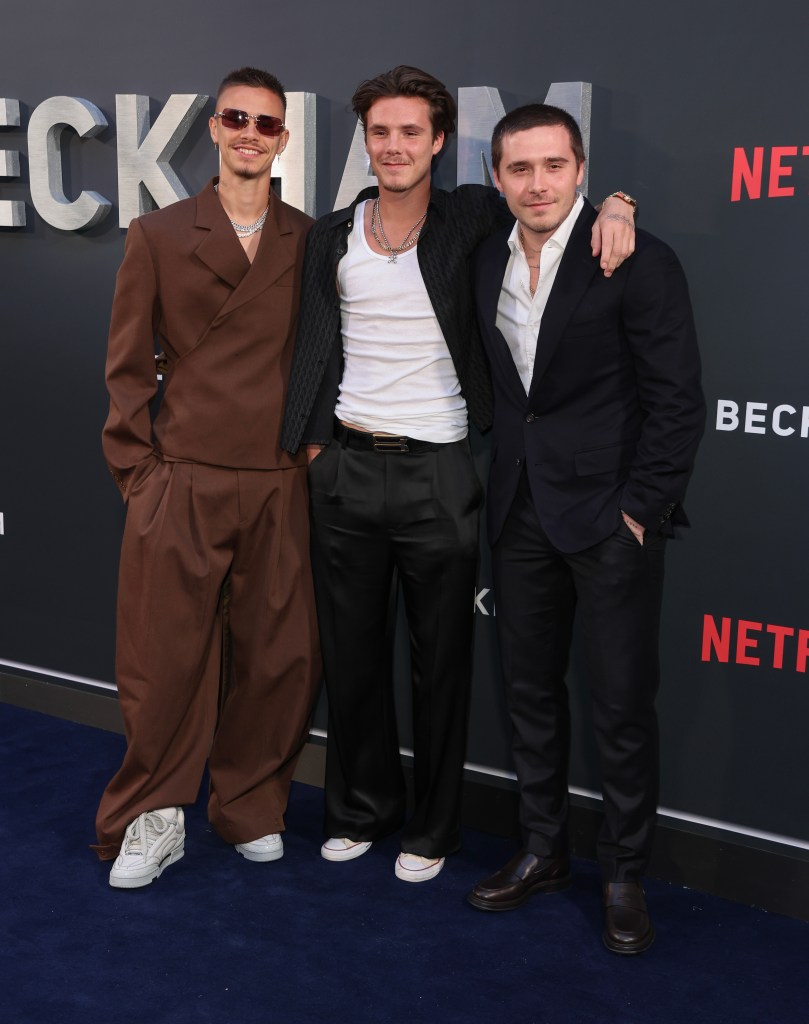 Romeo Beckham, Cruz Beckham and Brooklyn Beckham attend the Netflix 'Beckham' UK Premiere at The Curzon Mayfair on October 03, 2023 in London, England.