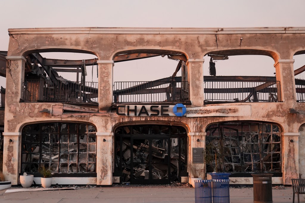 Fire-damaged Chase bank branch in Pacific Palisades, Los Angeles