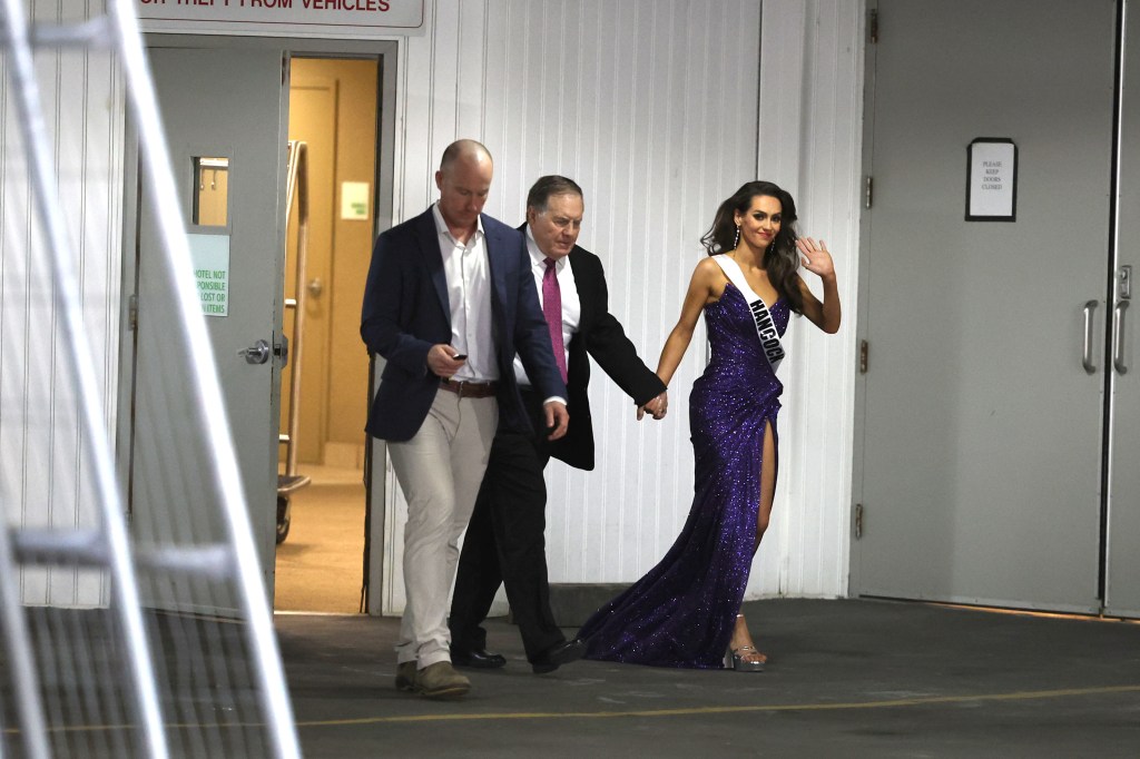 Jordon Hudson and Bill Belichick were photographed leaving the Holiday Inn in Portland, Maine, on Saturday.