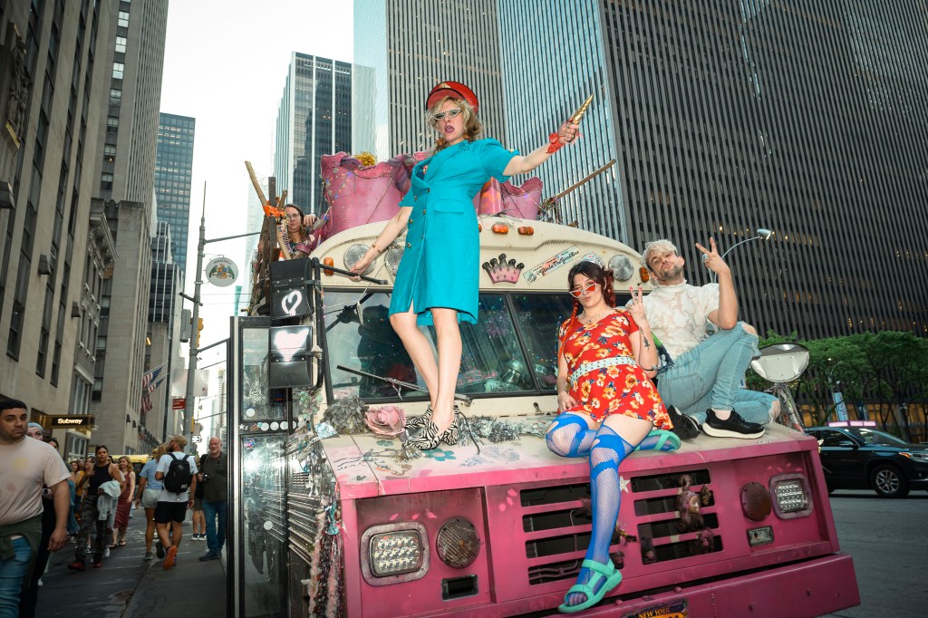 Driver, Michelle Joni blue dress </a></figure>
</p>
<p>Copilots<br />
Addison Dreher (man)<br />
Luna März” class=”wp-image-35884751″ /><figcaption>Michelle Joni Lapidos, with Luna März and Addison Dreher, take partiers on tours of the Big Apple aboard Glinda the Good Bus. <span>Stefano Giovannini</span></figcaption></p>
<p>Lapidos is trying to launch the aptly-named “Party Party” line in a longshot bid for Brooklyn borough president, a job she said will help her “bring the New York spirit back.”</p>
<p>“I truly see people right for their magic and I want to activate that and people,” Lapidos told The Post. </p>
<p>“Radical inclusion — I want everyone to win. We can all win. We have a society built around competition and divisiveness, and the ‘Party Party’ offers the viewpoint that we can all win.”</p>
<p><figure class=