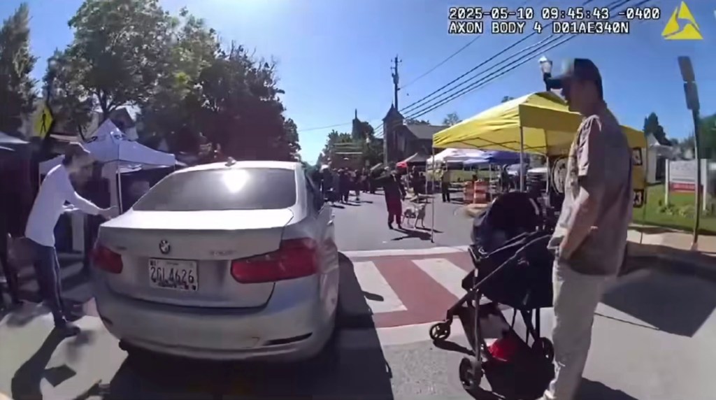 Kai DeBerry-Bostick nearly hits dad with a stroller.