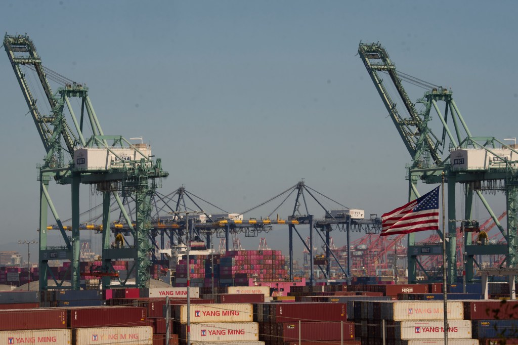 Containers with Yang Ming Marine Transport Corporation, a Taiwanese container shipping company, are stacked up at the Port of Los Angeles on April 9, 2025 in Los Angeles.