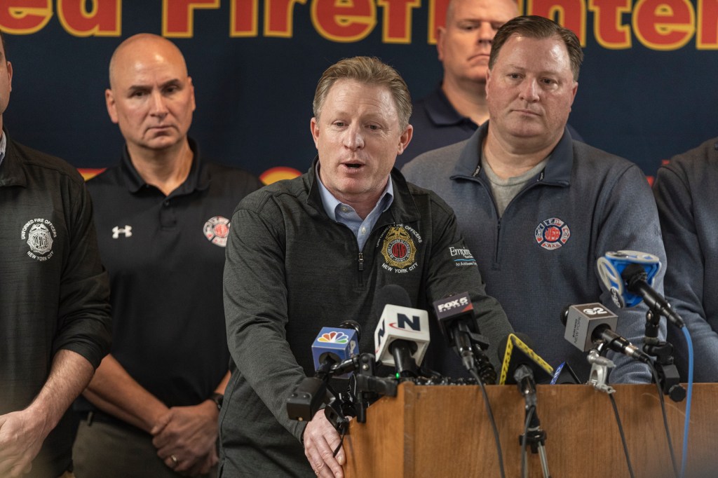 James Brosi and Andrew Ansbro, Presidents of Uniformed Firefighters Associations, addressing the press on the effects of congestion pricing on FDNY response times in New York