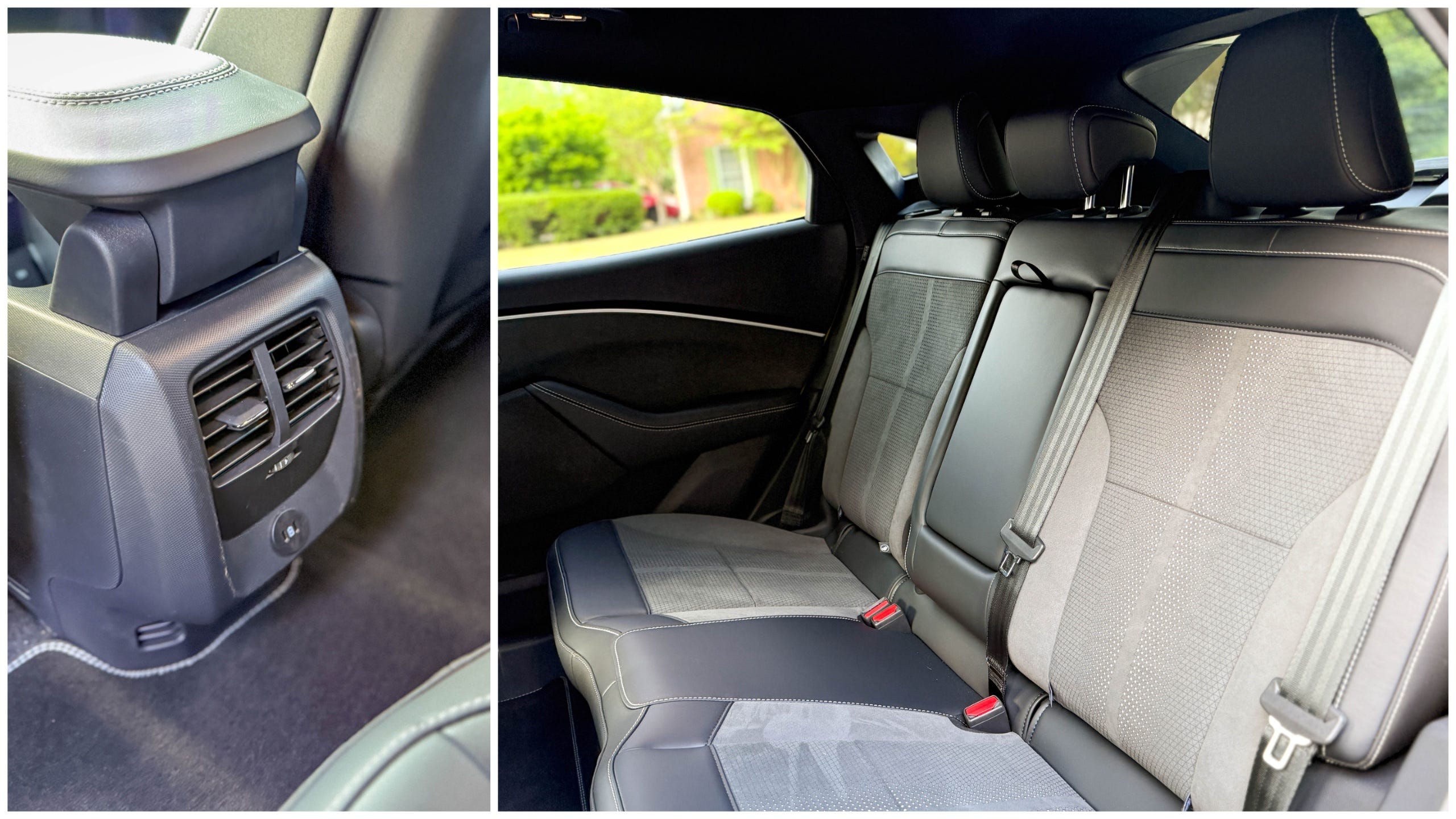 Two photos show the ActiveX faux leather rear seats with Miko faux suede inserts, the rear cabin AC vents, and USB sockets.