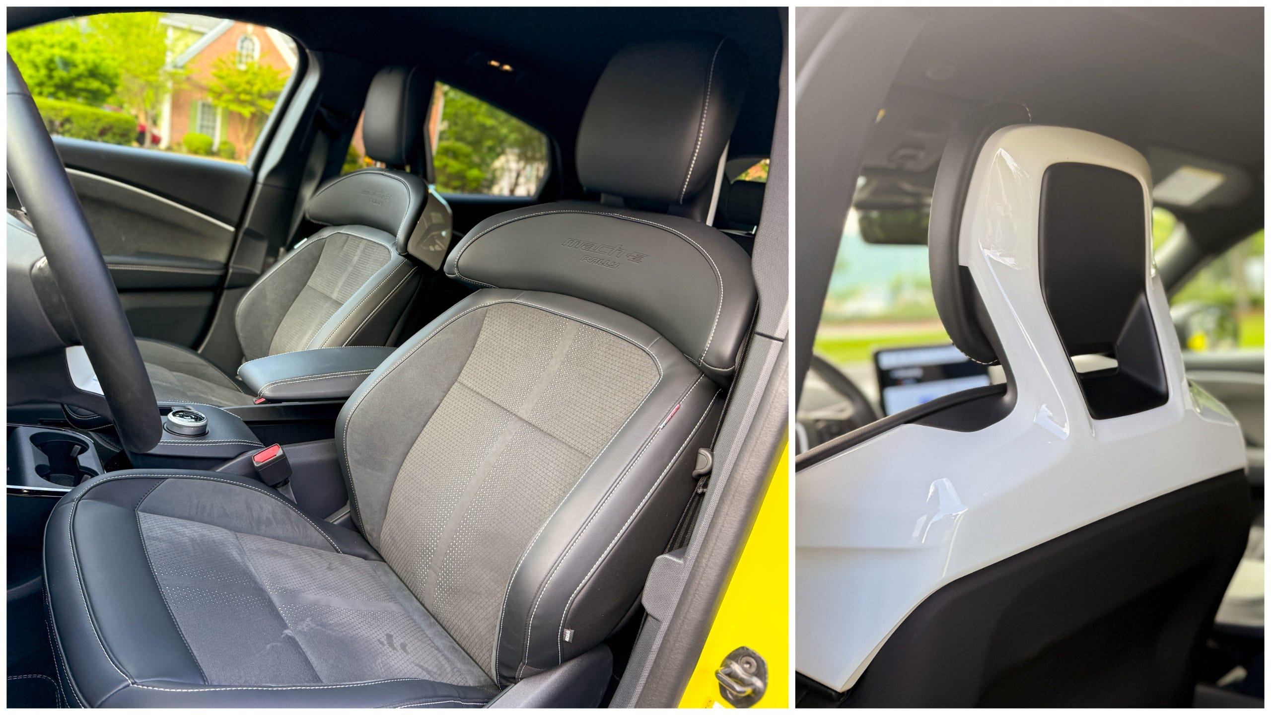 Two photos show the gray Ford Performance ActiveX faux leather front seats with Miko faux suede inserts in a 2025 Ford Mustang Mach-E Rally EV SUV.