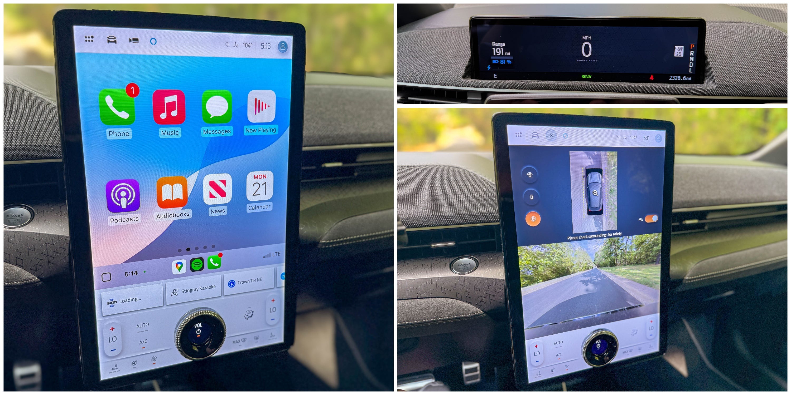 Three photos show the digital instrument display and Apple CarPlay, and a 360-degree camera on the central infotainment screen in a 2025 Ford Mustang Mach-E Rally EV SUV.