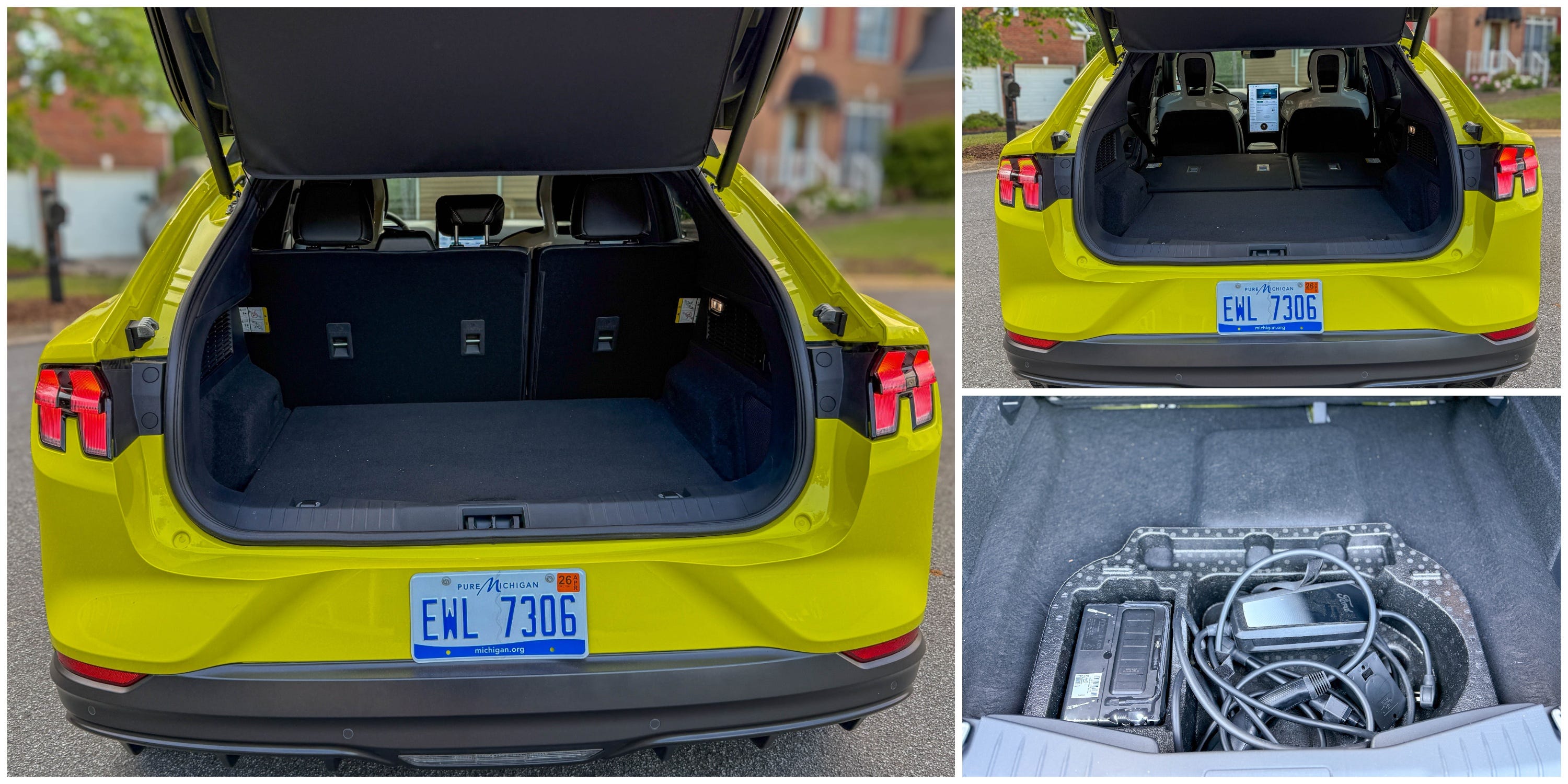 Three photos show the rear cargo compartment with the rear seat up and rear seat folded, and the underfloor storage area in a yellow 2025 Ford Mustang Mach-E Rally EV SUV.