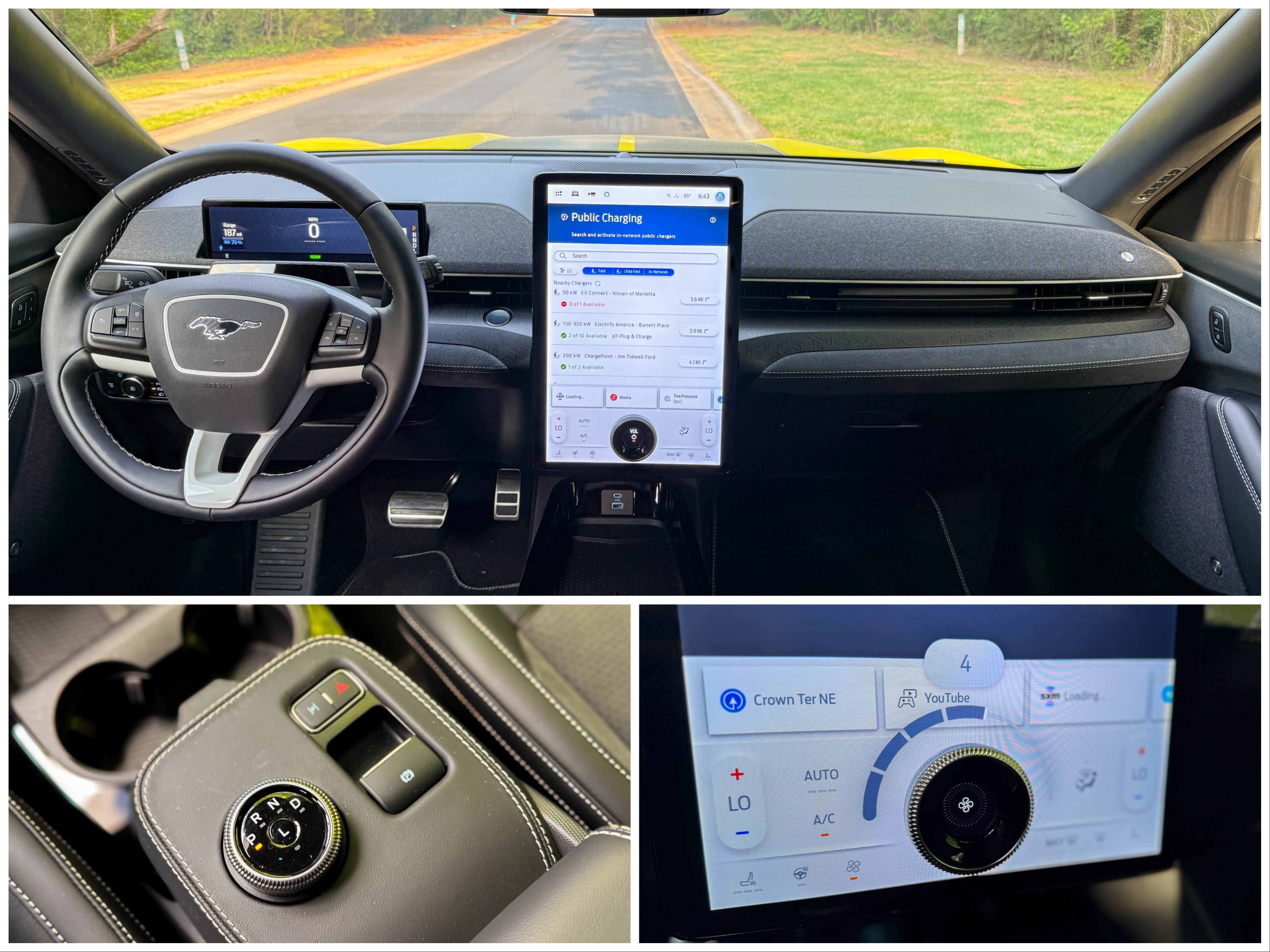 Three photos show the front dash, center console, and volume/climate control knob in a 2025 Ford Mustang Mach-E Rally EV SUV.