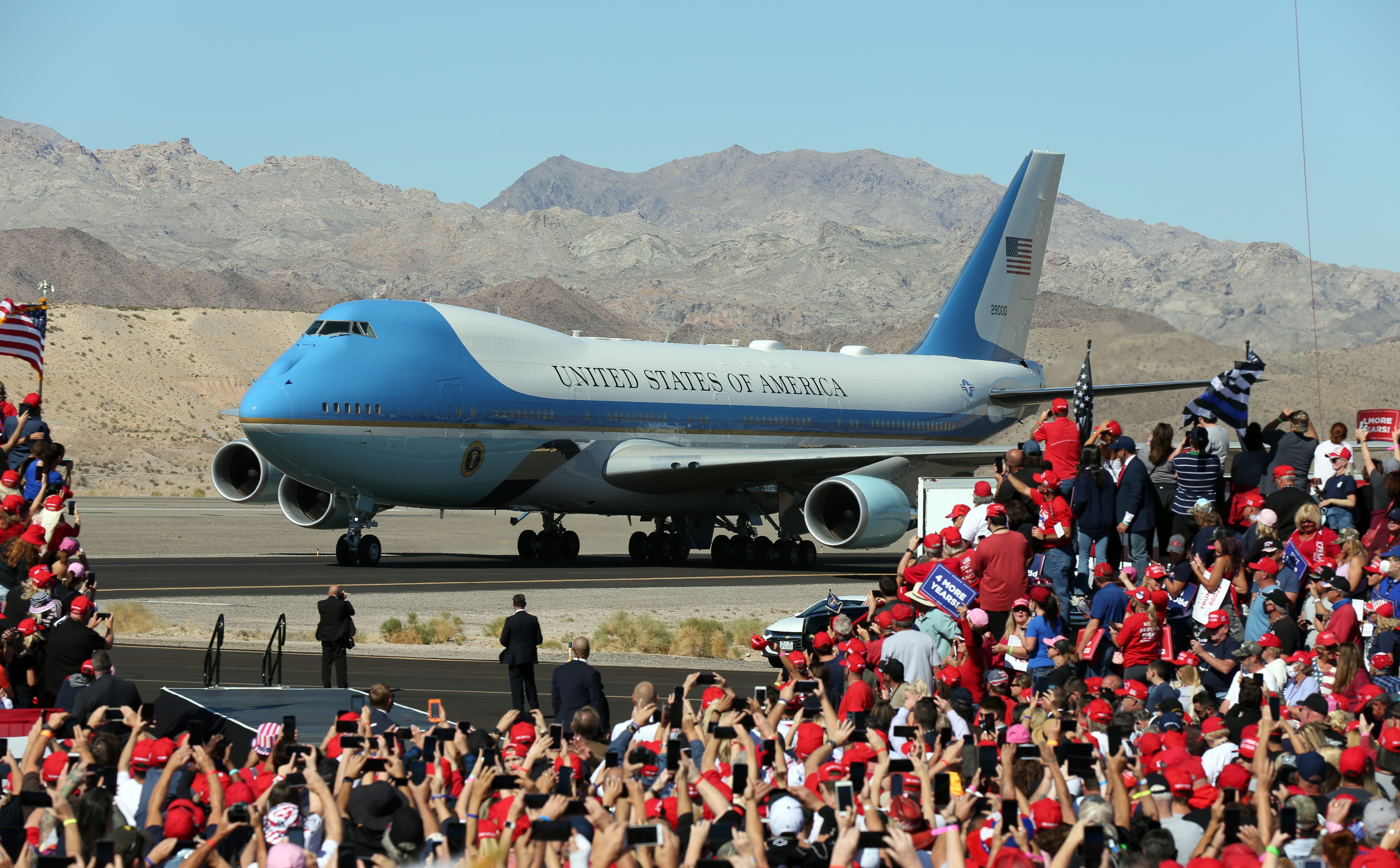 U.S. President Donald Trump arrives at a campaign rally aboard Air Force One on October 28, 2020 in Bullhead City, Arizona.