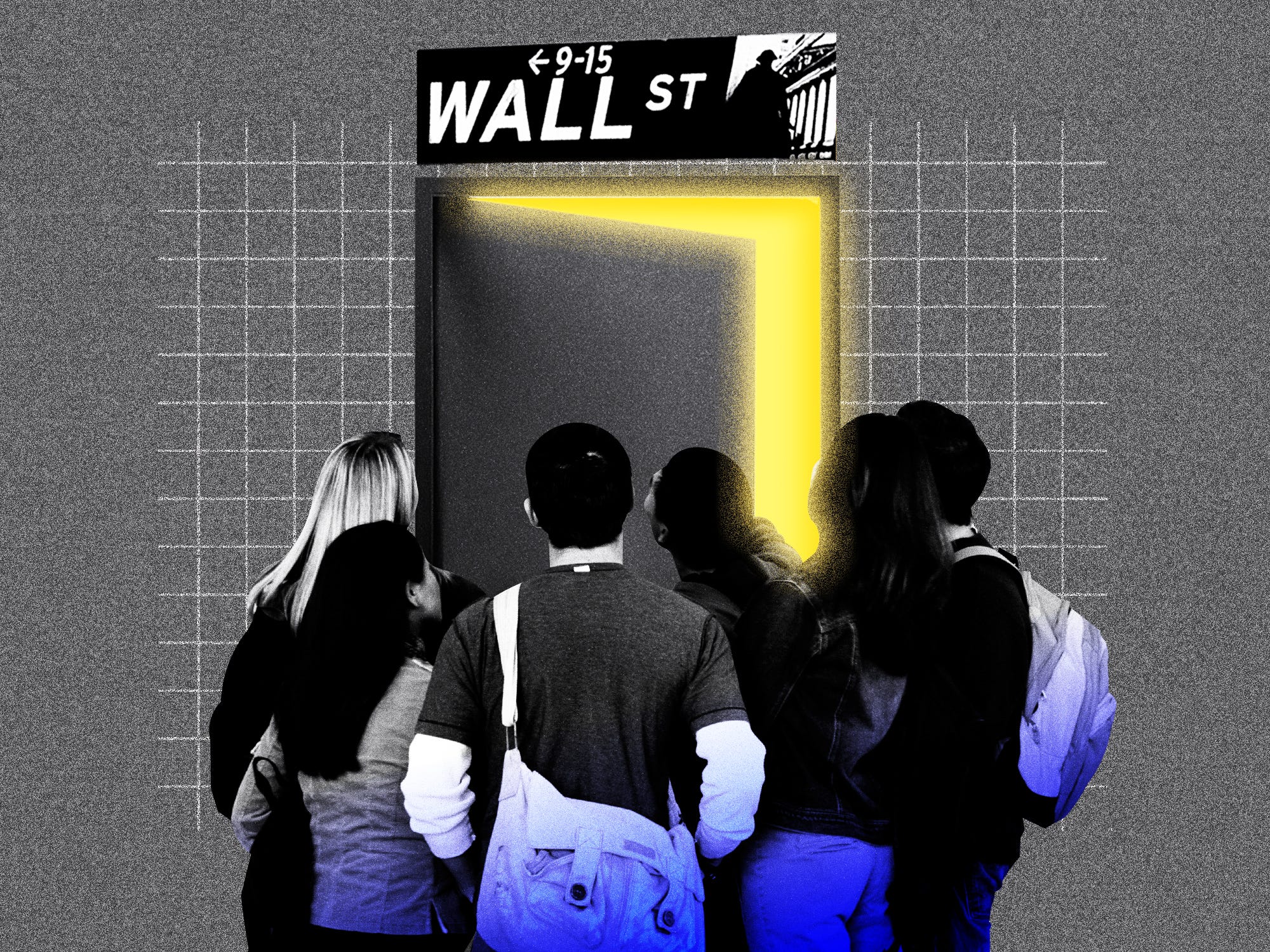Photo collage of students gathered at a cracked door with a glowing light inside, and a Wall Street sign above.