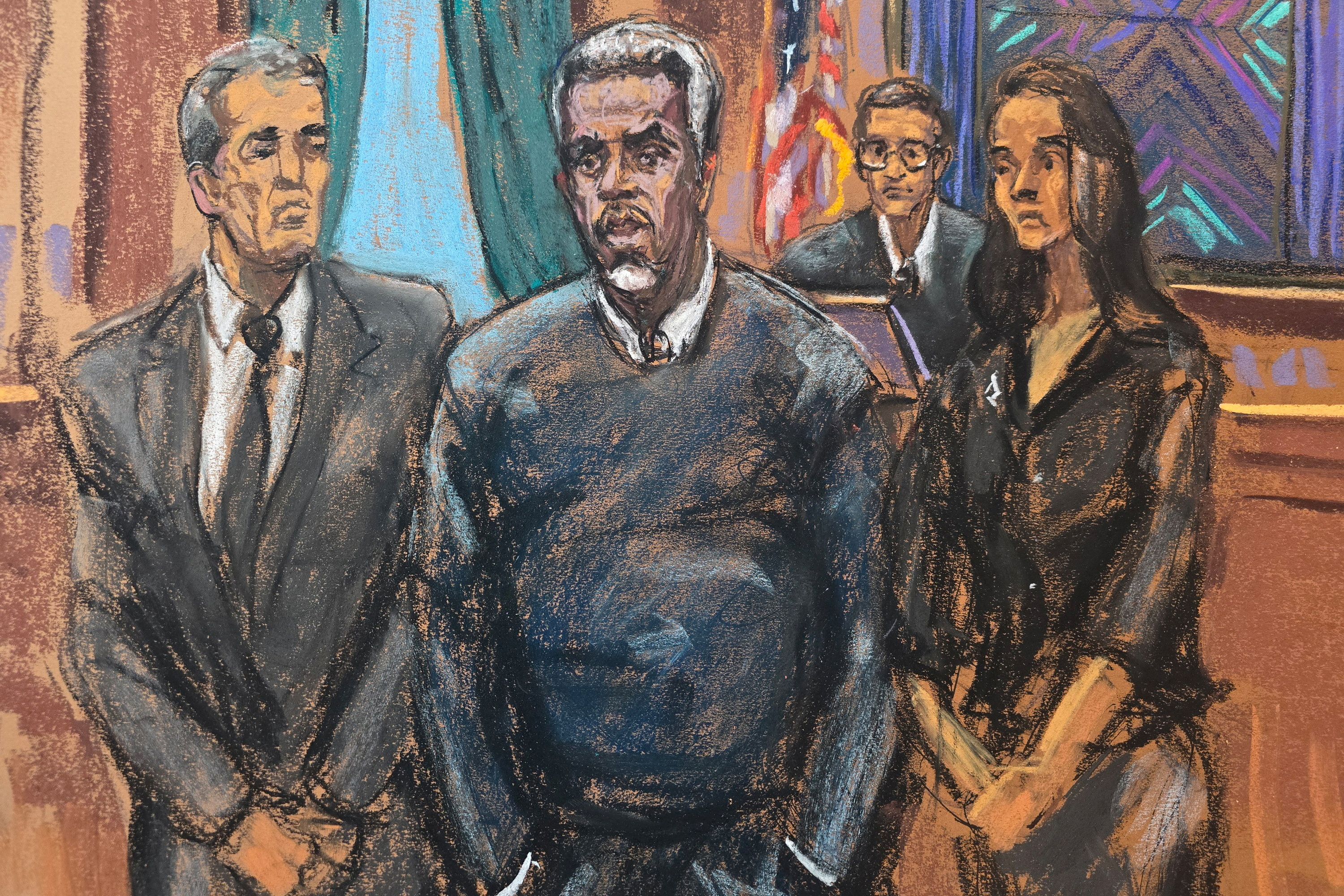 A court sketch of Diddy and his legal team.