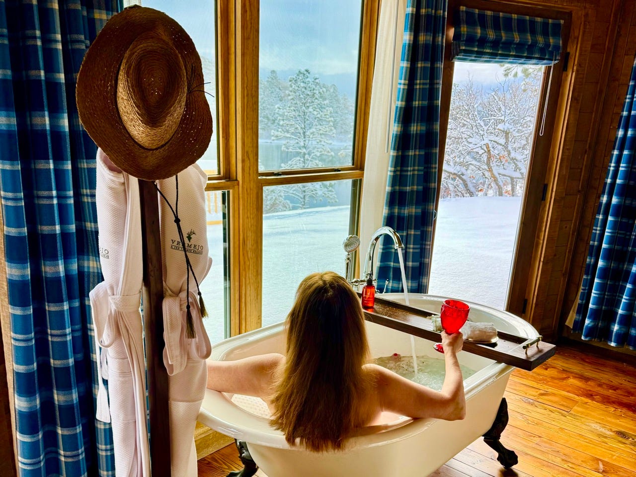 Author Ava Roxeanne Stritt in clawfoot tub by window