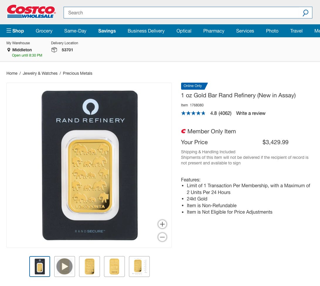 A Costco.com listing for a one-ounce gold bar from Rand Refinery.