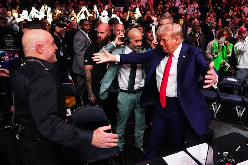 NEW YORK, NEW YORK - NOVEMBER 16: (L-R) Joe Rogan greets President-elect Donald Trump during the UFC 309 event at Madison Square Garden on November 16, 2024 in New York City. (Photo by Jeff Bottari/Zuffa LLC)