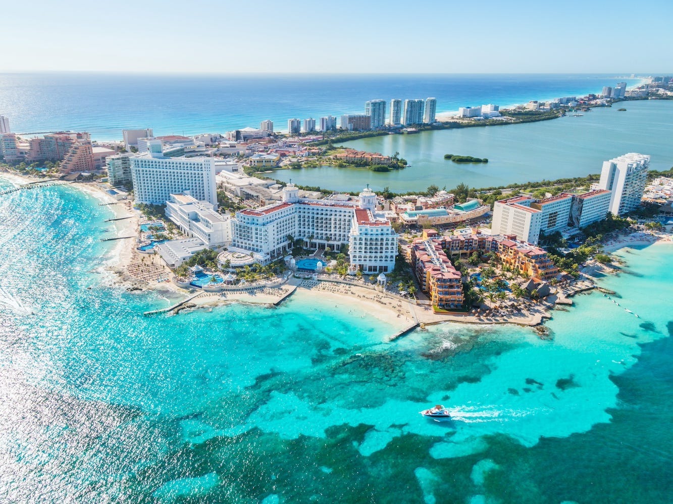 A grouping of hotels and resorts in Cancún, Mexico.