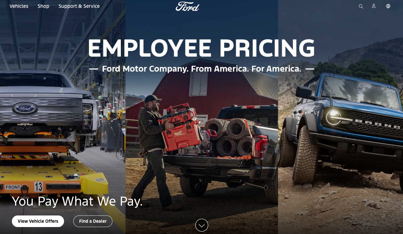 Ford website screenshot showing employee pricing program in response to Trump auto tariffs