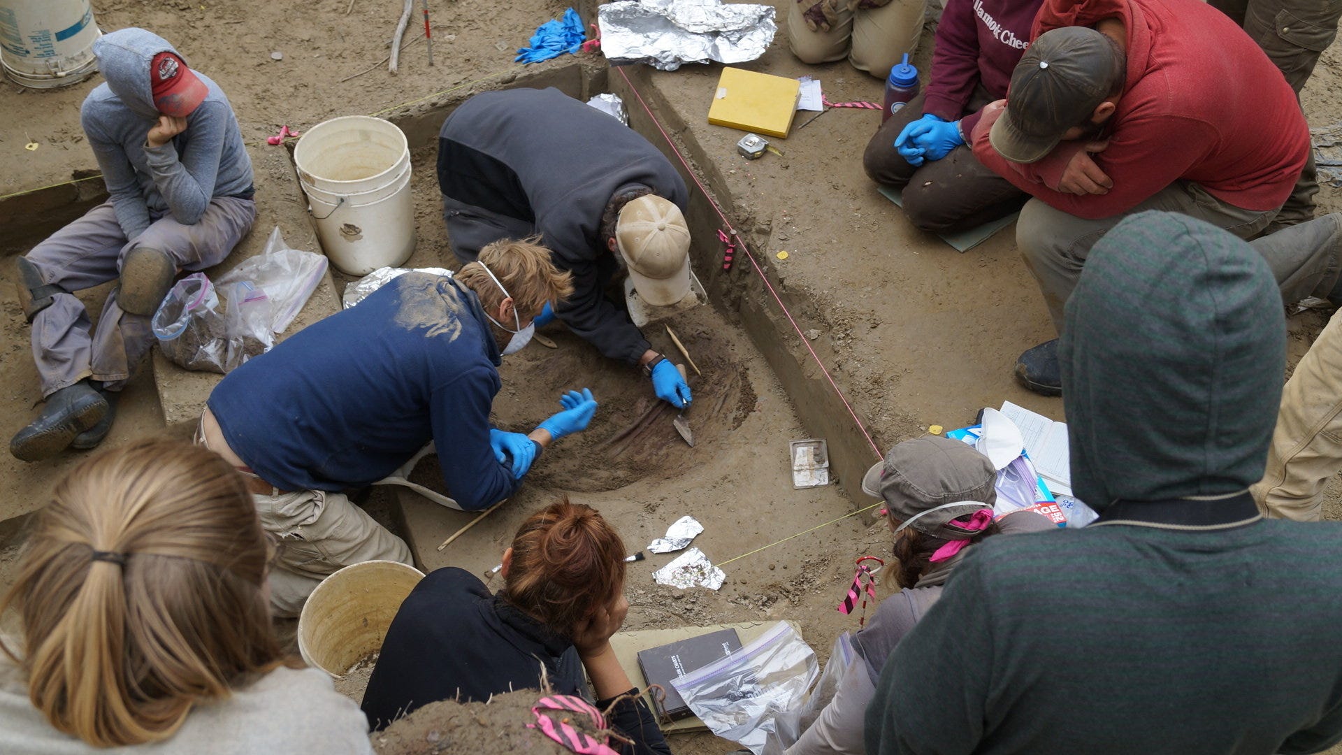 Several people gathered around a rectangular hole in the dirt as two people excavate wearing blue rubber gloves