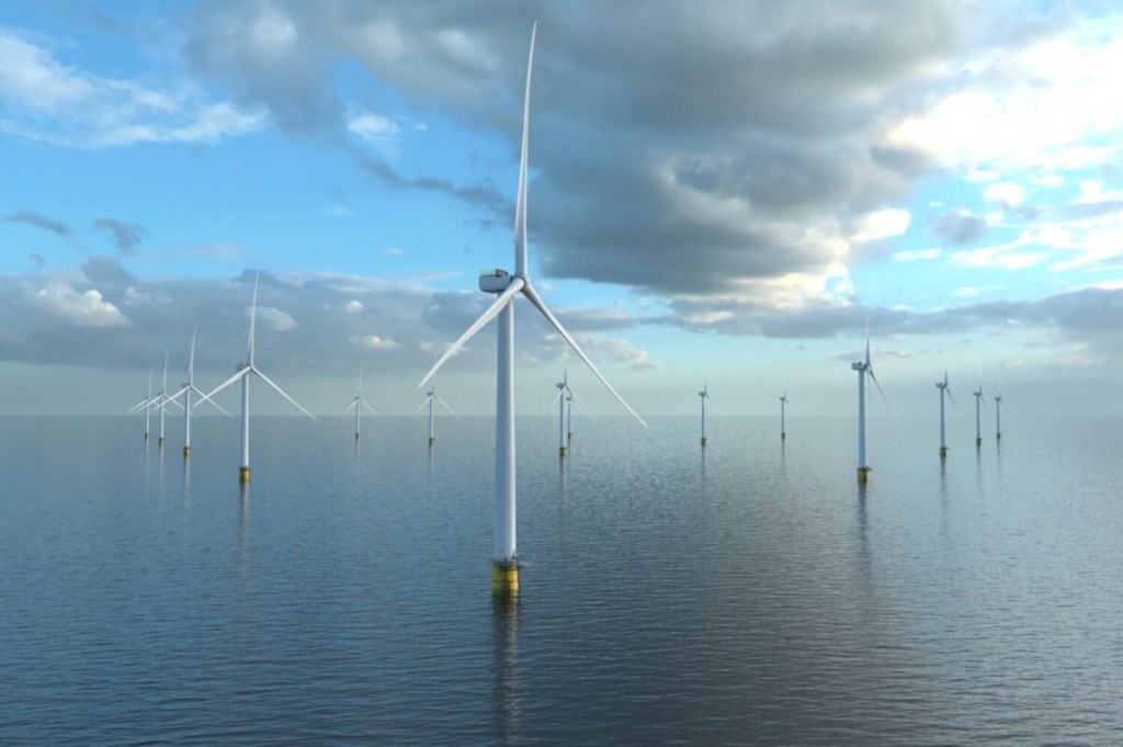 Construction of massive offshore wind turbine power station off the coast of New York