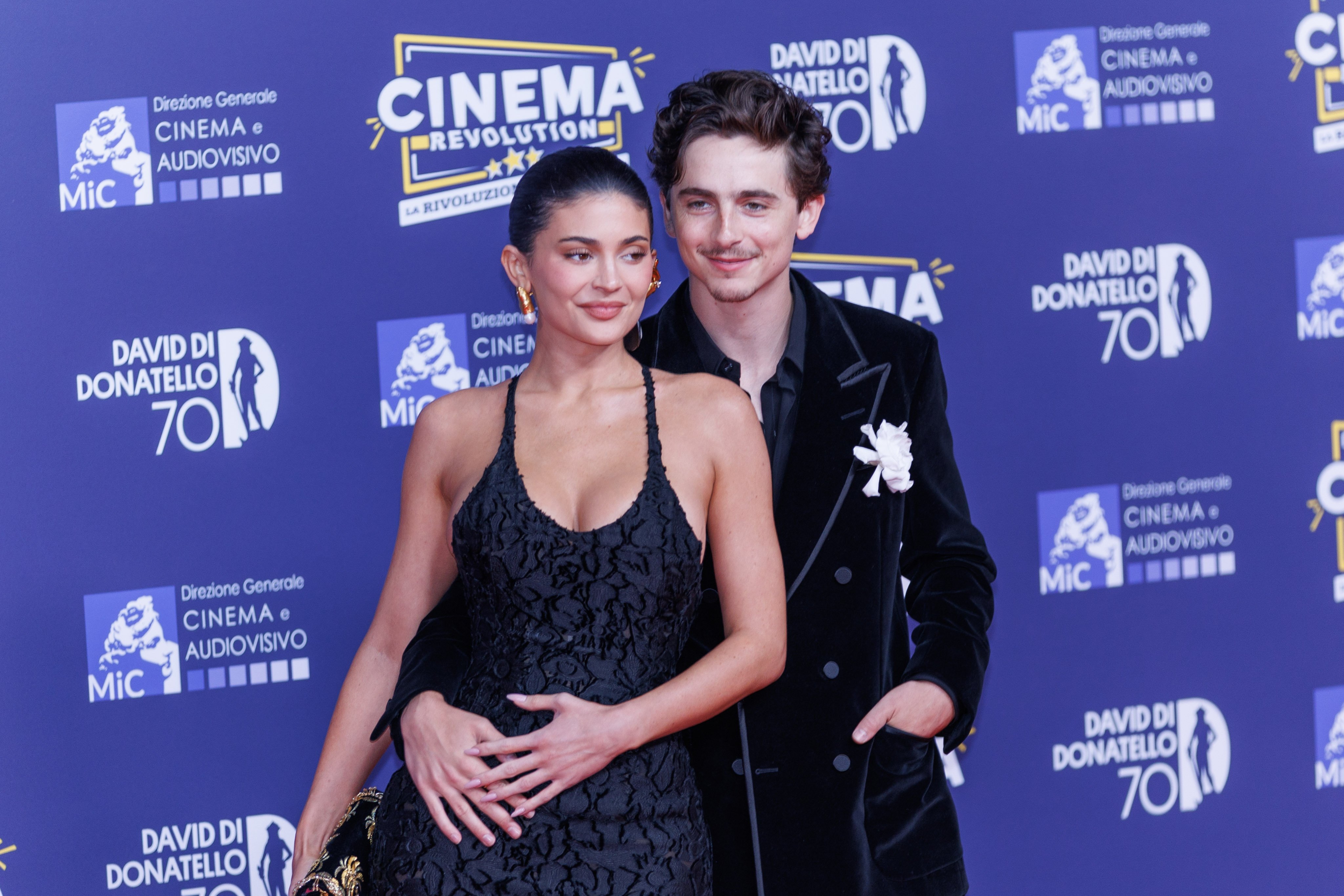 Timothée Chalamet and Kylie Jenner at a red carpet event. 