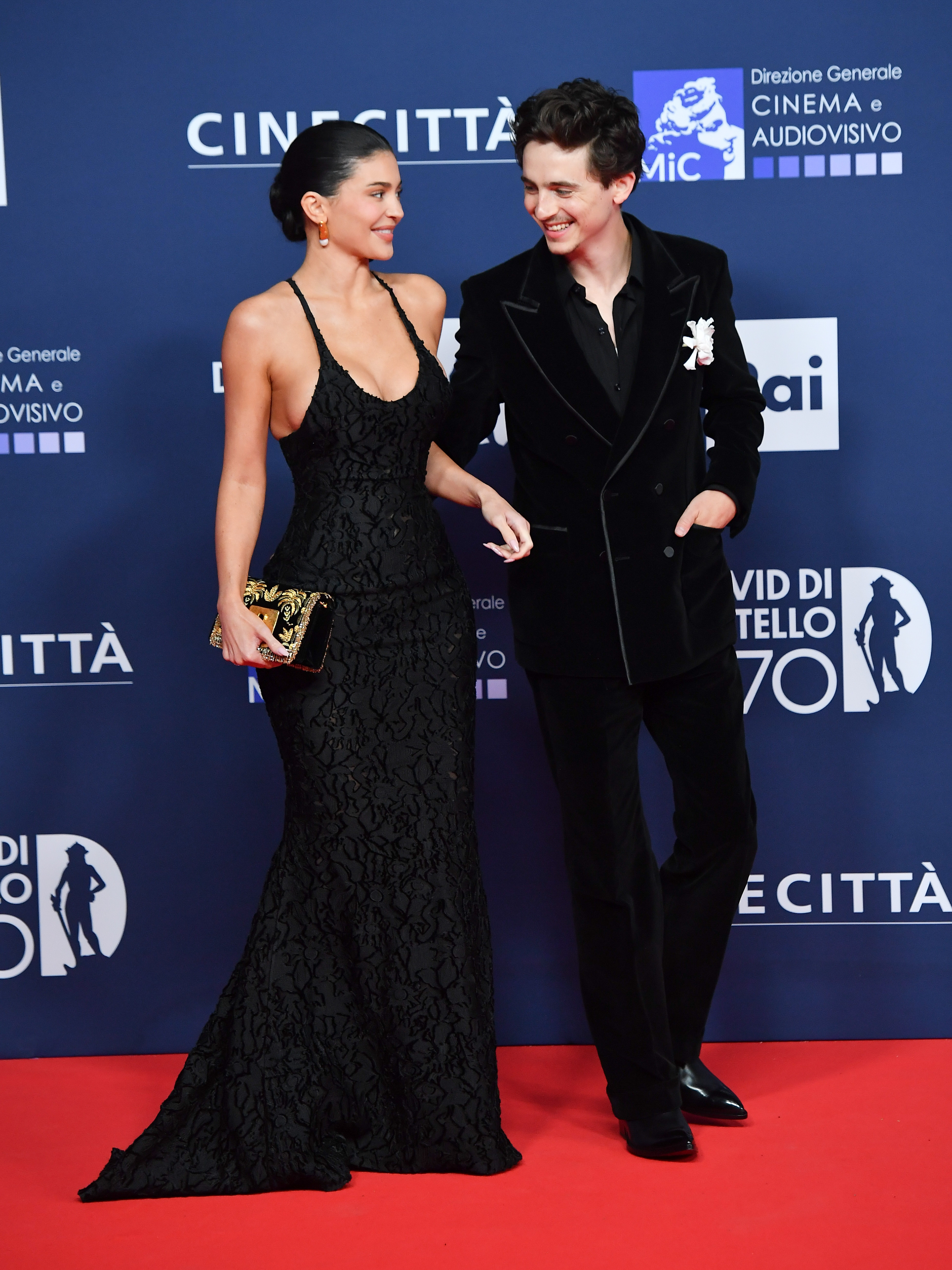 Timothée Chalamet and Kylie Jenner in black on the red carpet. 