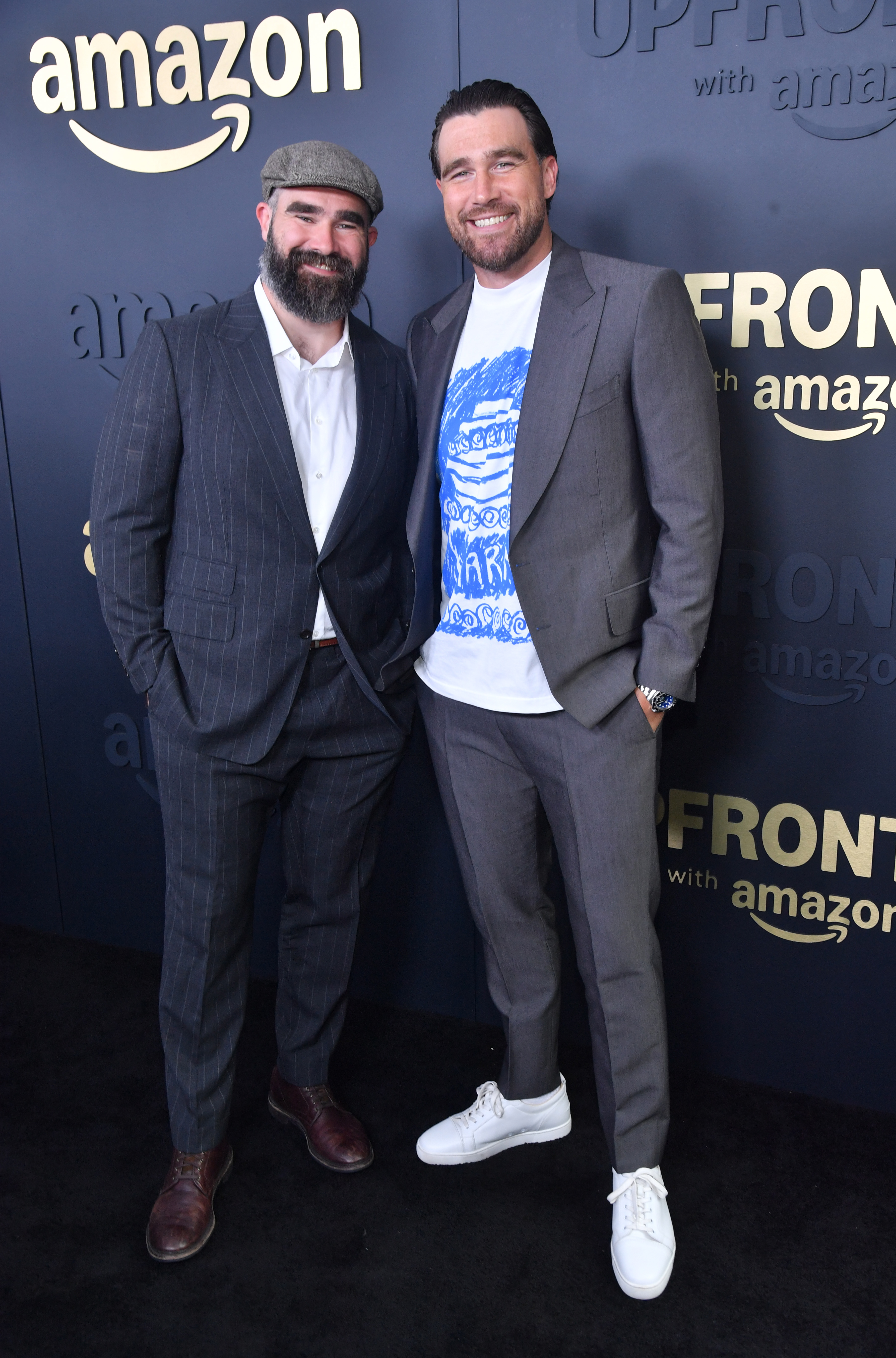 Travis and Jason Kelce pose at an event in New York. 