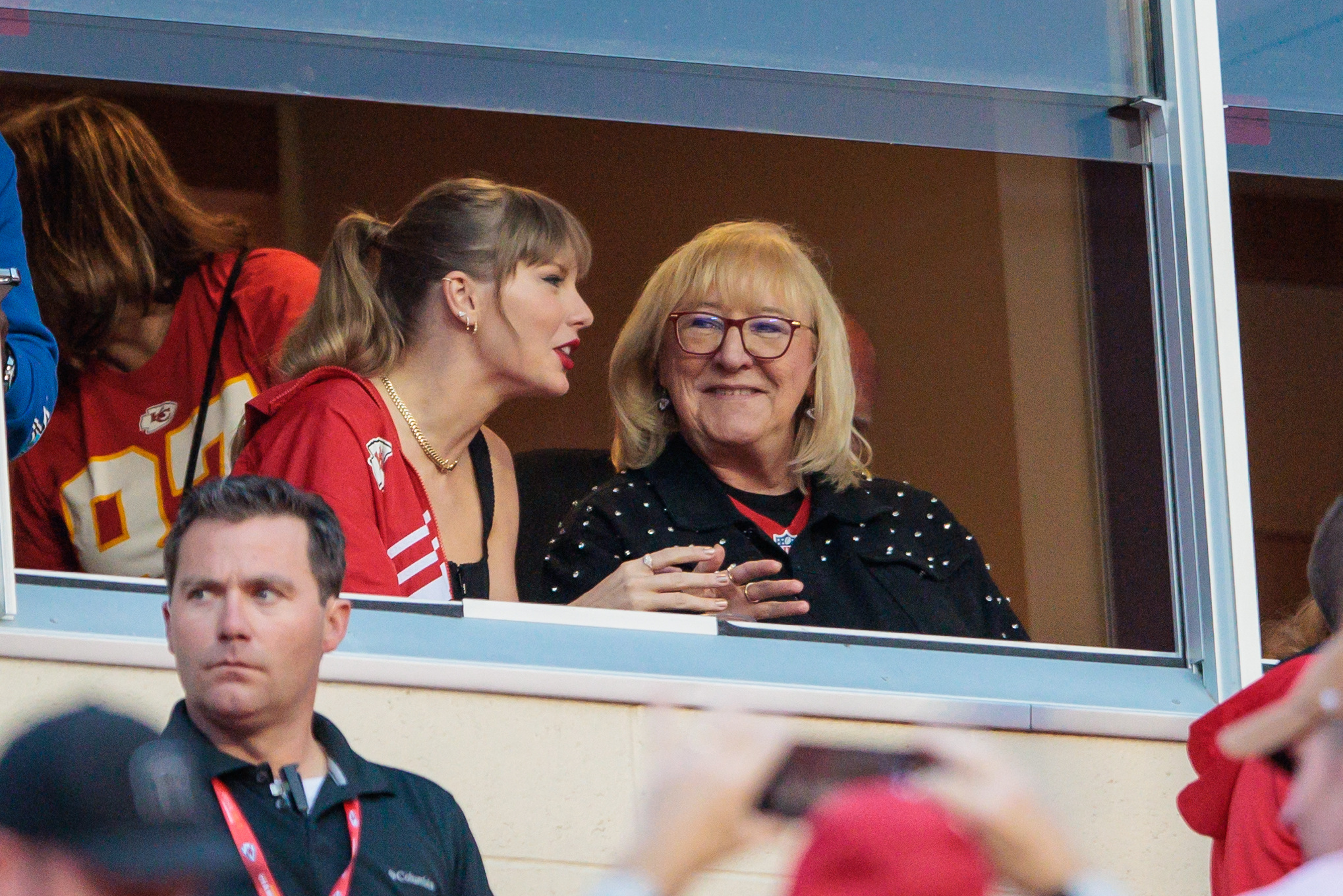 Taylor Swift and Donna Kelce at a football game. 