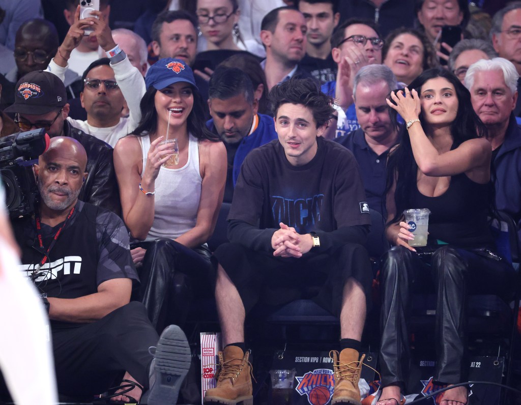 Kendall Jenner joins Kylie Jenner and Timothée Chalamet for a date night at the New York Knicks vs. Boston Celtics game.