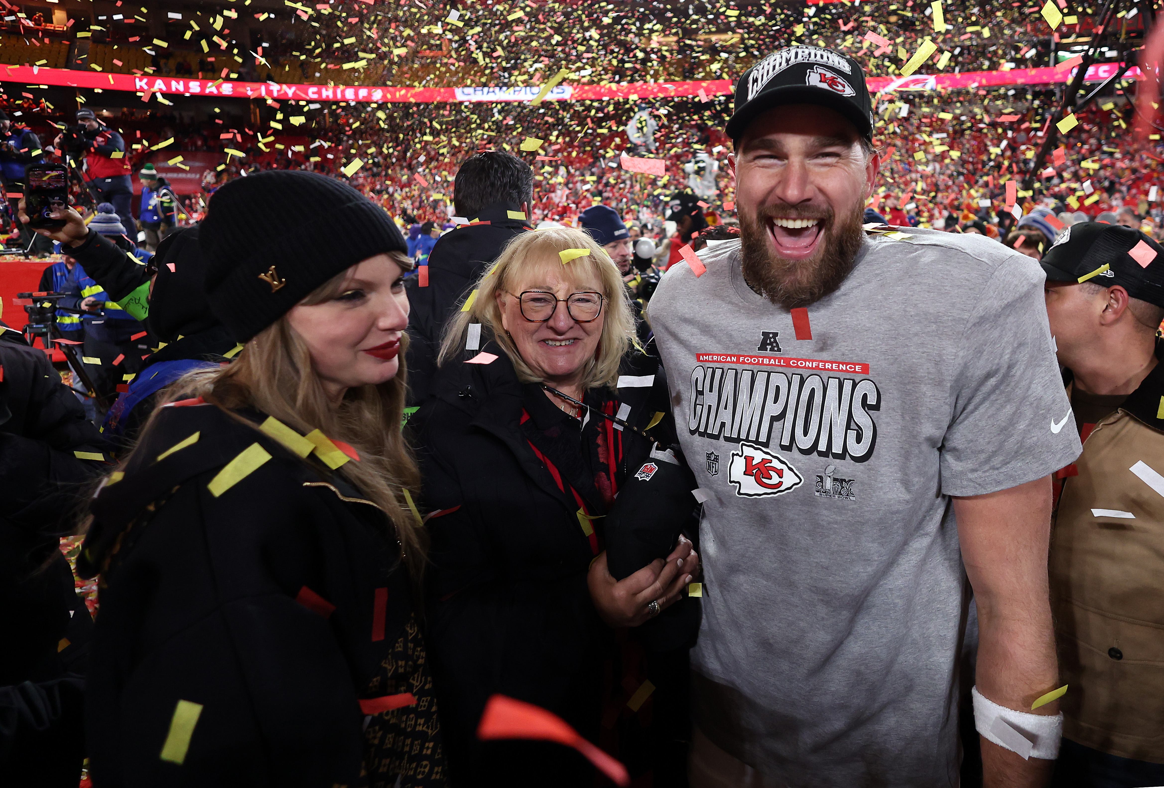 Taylor Swift, Donna Kelce and Travis Kelce in Kansas City in January 2025